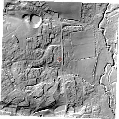 Shaded relief map of the ground around CM62AA, computed from Environment Agency LiDAR. The ground here sits at about 64 m above sea level and falls 33 m across the surrounding 800 m. Surface water reaching this point runs off ground lying to the west-north-west, 6.7 m higher.