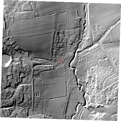 Shaded relief map of the ground around CM62AD, computed from Environment Agency LiDAR. The ground here sits at about 54 m above sea level and falls 26 m across the surrounding 800 m. Surface water reaching this point runs off ground lying to the west-north-west, 20.8 m higher.