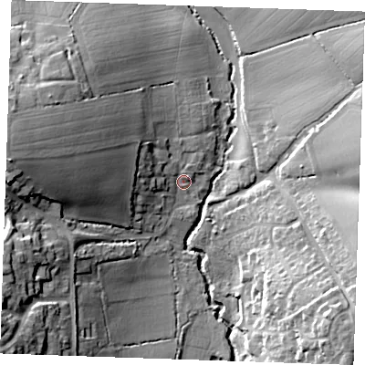 Shaded relief map of the ground around CM62AE, computed from Environment Agency LiDAR. The ground here sits at about 54 m above sea level and falls 24 m across the surrounding 800 m. Surface water reaching this point runs off ground lying to the west, 18.3 m higher.