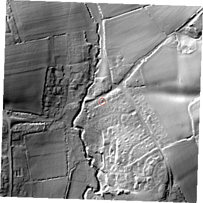 Shaded relief map of the ground around CM62AF, computed from Environment Agency LiDAR. The ground here sits at about 54 m above sea level and falls 26 m across the surrounding 800 m. Surface water reaching this point runs off ground lying to the east, 23.6 m higher.