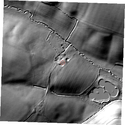 Shaded relief map of the ground around CM62EH, computed from Environment Agency LiDAR. The ground here sits at about 75 m above sea level and falls 27 m across the surrounding 800 m. Surface water reaching this point runs off ground lying to the south-west, 9.1 m higher.
