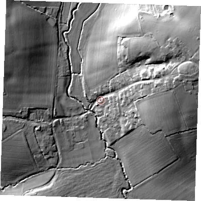 Shaded relief map of the ground around CM62HH, computed from Environment Agency LiDAR. The ground here sits at about 61 m above sea level and falls 28 m across the surrounding 800 m. Surface water reaching this point runs off ground lying to the east-north-east, 26.0 m higher.
