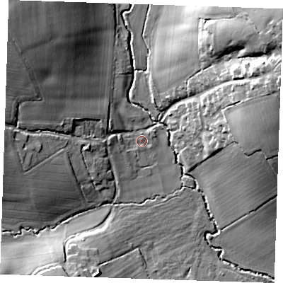 Shaded relief map of the ground around CM62HJ, computed from Environment Agency LiDAR. The ground here sits at about 60 m above sea level and falls 26 m across the surrounding 800 m. Surface water reaching this point runs off ground lying to the west, 3.5 m higher.
