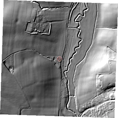 Shaded relief map of the ground around CM62HW, computed from Environment Agency LiDAR. The ground here sits at about 62 m above sea level and falls 25 m across the surrounding 800 m. Surface water reaching this point runs off ground lying to the west, 21.8 m higher.