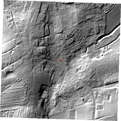Shaded relief map of the ground around CM62LA, computed from Environment Agency LiDAR. The ground here sits at about 84 m above sea level and falls 29 m across the surrounding 800 m. Surface water reaching this point runs off ground lying to the north-north-west, 15.4 m higher.