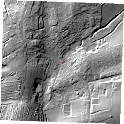 Shaded relief map of the ground around CM62LB, computed from Environment Agency LiDAR. The ground here sits at about 82 m above sea level and falls 28 m across the surrounding 800 m. Surface water reaching this point runs off ground lying to the north-north-east, 17.0 m higher.