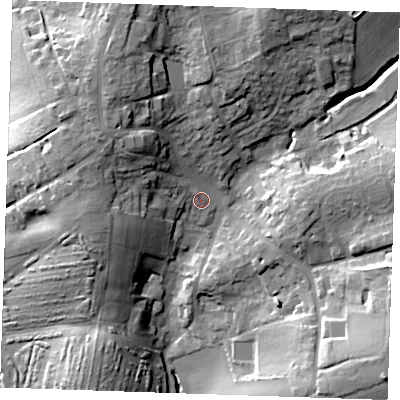 Shaded relief map of the ground around CM62LD, computed from Environment Agency LiDAR. The ground here sits at about 83 m above sea level and falls 30 m across the surrounding 800 m. Surface water reaching this point runs off ground lying to the north-west, 13.3 m higher.