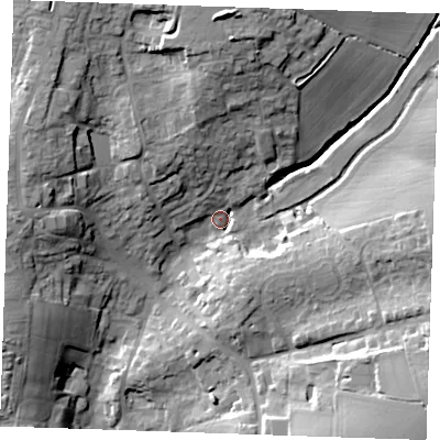 Shaded relief map of the ground around CM62LF, computed from Environment Agency LiDAR. The ground here sits at about 84 m above sea level and falls 28 m across the surrounding 800 m. Surface water reaching this point runs off ground lying to the north, 22.8 m higher.