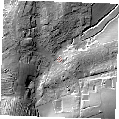 Shaded relief map of the ground around CM62LQ, computed from Environment Agency LiDAR. The ground here sits at about 82 m above sea level and falls 28 m across the surrounding 800 m. Surface water reaching this point runs off ground lying to the north, 17.1 m higher.