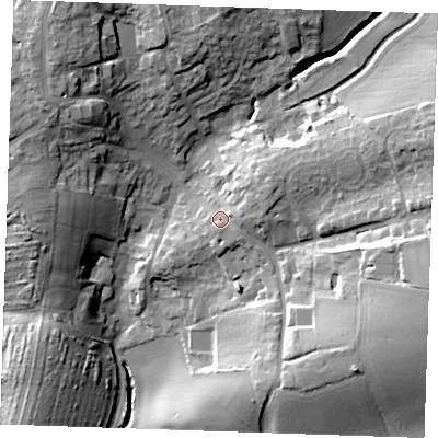 Shaded relief map of the ground around CM62LT, computed from Environment Agency LiDAR. The ground here sits at about 86 m above sea level and falls 30 m across the surrounding 800 m. Surface water reaching this point runs off ground lying to the east-north-east, 7.6 m higher.
