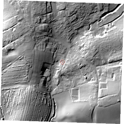Shaded relief map of the ground around CM62ND, computed from Environment Agency LiDAR. The ground here sits at about 81 m above sea level and falls 31 m across the surrounding 800 m. Surface water reaching this point runs off ground lying to the north-north-west, 17.9 m higher.