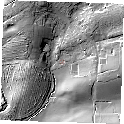 Shaded relief map of the ground around CM62NE, computed from Environment Agency LiDAR. The ground here sits at about 80 m above sea level and falls 31 m across the surrounding 800 m. Surface water reaching this point runs off ground lying to the east-north-east, 2.9 m higher.
