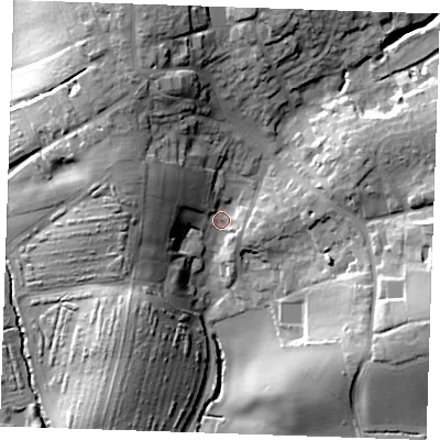 Shaded relief map of the ground around CM62PA, computed from Environment Agency LiDAR. The ground here sits at about 81 m above sea level and falls 29 m across the surrounding 800 m. Surface water reaching this point runs off ground lying to the north-north-west, 17.7 m higher.