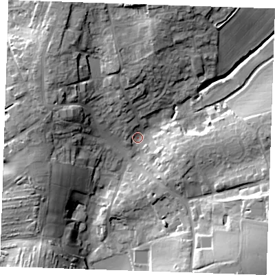 Shaded relief map of the ground around CM62RP, computed from Environment Agency LiDAR. The ground here sits at about 82 m above sea level and falls 26 m across the surrounding 800 m. Surface water reaching this point runs off ground lying to the north-north-east, 19.0 m higher.
