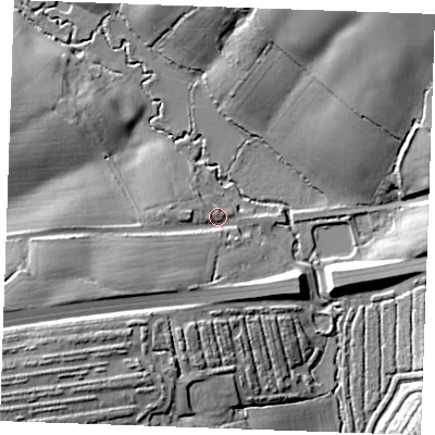 Shaded relief map of the ground around CM63AH, computed from Environment Agency LiDAR. The ground here sits at about 53 m above sea level and falls 30 m across the surrounding 800 m. Surface water reaching this point runs off ground lying to the west-south-west, 14.3 m higher.