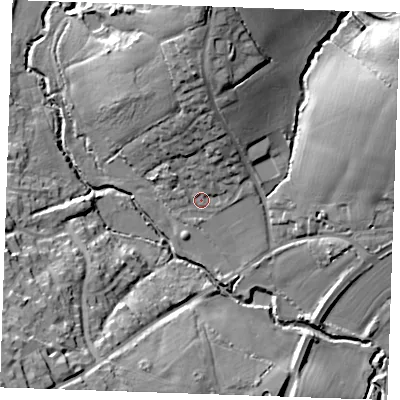 Shaded relief map of the ground around CM63AR, computed from Environment Agency LiDAR. The ground here sits at about 51 m above sea level and falls 25 m across the surrounding 800 m. Surface water reaching this point runs off ground lying to the north, 12.9 m higher.