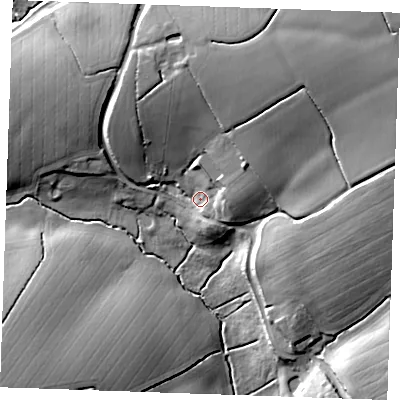 Shaded relief map of the ground around CM63BS, computed from Environment Agency LiDAR. The ground here sits at about 76 m above sea level and falls 25 m across the surrounding 800 m. Surface water reaching this point runs off ground lying to the north-east, 17.9 m higher.