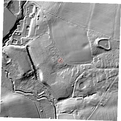 Shaded relief map of the ground around CM63HD, computed from Environment Agency LiDAR. The ground here sits at about 54 m above sea level and falls 27 m across the surrounding 800 m. Surface water reaching this point runs off ground lying to the east, 13.5 m higher.