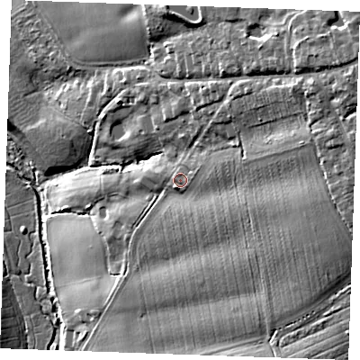 Shaded relief map of the ground around CM63HQ, computed from Environment Agency LiDAR. The ground here sits at about 61 m above sea level and falls 35 m across the surrounding 800 m. Surface water reaching this point runs off ground lying to the east-north-east, 3.8 m higher.
