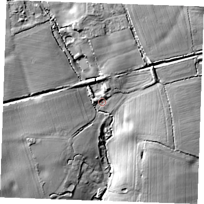 Shaded relief map of the ground around CM63HU, computed from Environment Agency LiDAR. The ground here sits at about 59 m above sea level and falls 26 m across the surrounding 800 m. Surface water reaching this point runs off ground lying to the north-north-east, 9.5 m higher.