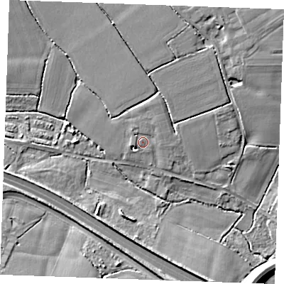 Shaded relief map of the ground around CM63LD, computed from Environment Agency LiDAR. The ground here sits at about 74 m above sea level and falls 11 m across the surrounding 800 m. Surface water reaching this point runs off ground lying to the north-north-east, 2.3 m higher.