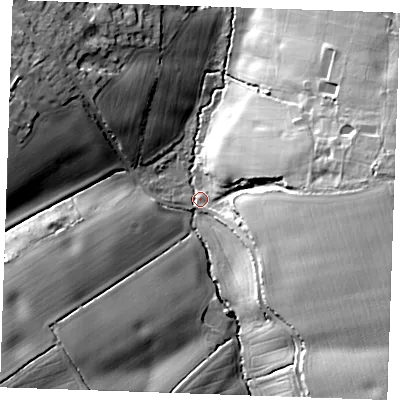 Shaded relief map of the ground around CM63NX, computed from Environment Agency LiDAR. The ground here sits at about 55 m above sea level and falls 26 m across the surrounding 800 m. Surface water reaching this point runs off ground lying to the south-west, 21.8 m higher.
