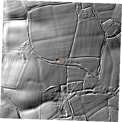 Shaded relief map of the ground around CM63PS, computed from Environment Agency LiDAR. The ground here sits at about 80 m above sea level and falls 19 m across the surrounding 800 m. Surface water reaching this point runs off ground lying to the west-south-west, 1.4 m higher.