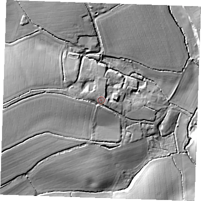 Shaded relief map of the ground around CM63QR, computed from Environment Agency LiDAR. The ground here sits at about 85 m above sea level and falls 20 m across the surrounding 800 m. Surface water reaching this point runs off ground lying to the west, 4.3 m higher.