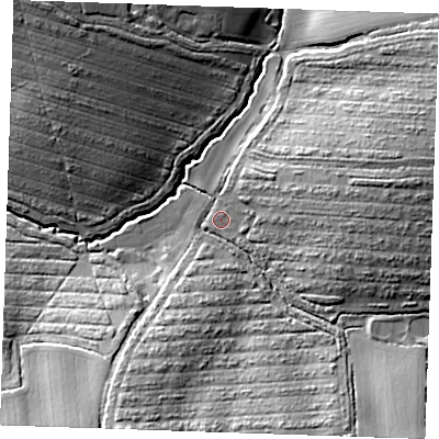 Shaded relief map of the ground around CM63QT, computed from Environment Agency LiDAR. The ground here sits at about 75 m above sea level and falls 22 m across the surrounding 800 m. Surface water reaching this point runs off ground lying to the south-south-west, 17.6 m higher.