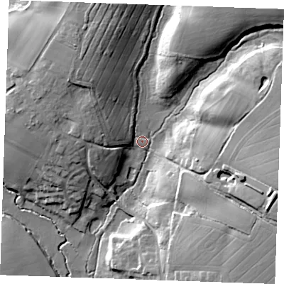 Shaded relief map of the ground around CM63QZ, computed from Environment Agency LiDAR. The ground here sits at about 66 m above sea level and falls 29 m across the surrounding 800 m. Surface water reaching this point runs off ground lying to the east-south-east, 21.5 m higher.