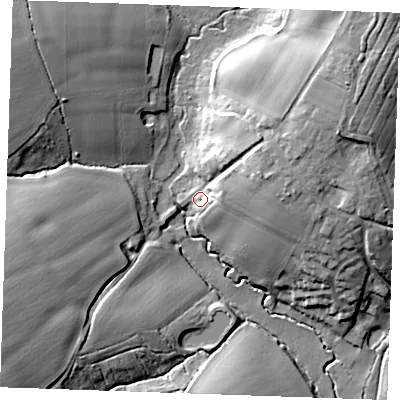 Shaded relief map of the ground around CM63RS, computed from Environment Agency LiDAR. The ground here sits at about 67 m above sea level and falls 24 m across the surrounding 800 m. Surface water reaching this point runs off ground lying to the east-north-east, 13.4 m higher.