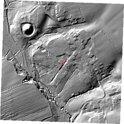 Shaded relief map of the ground around CM63SN, computed from Environment Agency LiDAR. The ground here sits at about 69 m above sea level and falls 30 m across the surrounding 800 m. Surface water reaching this point runs off ground lying to the north-east, 12.6 m higher.