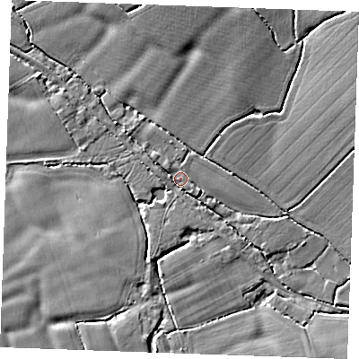 Shaded relief map of the ground around CM63TE, computed from Environment Agency LiDAR. The ground here sits at about 78 m above sea level and falls 8 m across the surrounding 800 m. Surface water reaching this point runs off ground lying to the west-south-west, 6.2 m higher.