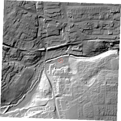 Shaded relief map of the ground around CM71FZ, computed from Environment Agency LiDAR. The ground here sits at about 44 m above sea level and falls 28 m across the surrounding 800 m. Surface water reaching this point runs off ground lying to the south-south-east, 19.8 m higher.
