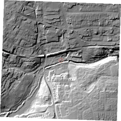 Shaded relief map of the ground around CM71GN, computed from Environment Agency LiDAR. The ground here sits at about 44 m above sea level and falls 29 m across the surrounding 800 m. Surface water reaching this point runs off ground lying to the south-south-east, 21.5 m higher.