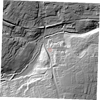 Shaded relief map of the ground around CM71HE, computed from Environment Agency LiDAR. The ground here sits at about 49 m above sea level and falls 24 m across the surrounding 800 m. Surface water reaching this point runs off ground lying to the south-south-east, 18.2 m higher.