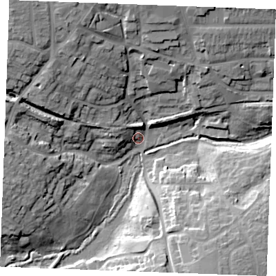 Shaded relief map of the ground around CM71HH, computed from Environment Agency LiDAR. The ground here sits at about 45 m above sea level and falls 27 m across the surrounding 800 m. Surface water reaching this point runs off ground lying to the north-north-west, 24.9 m higher.