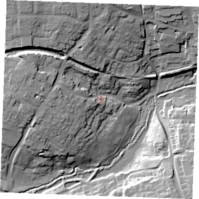 Shaded relief map of the ground around CM71HW, computed from Environment Agency LiDAR. The ground here sits at about 52 m above sea level and falls 27 m across the surrounding 800 m. Surface water reaching this point runs off ground lying to the west-north-west, 15.3 m higher.