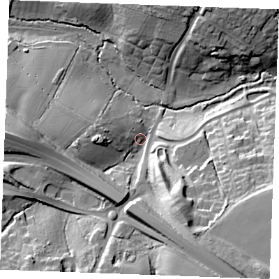 Shaded relief map of the ground around CM72AS, computed from Environment Agency LiDAR. The ground here sits at about 48 m above sea level and falls 27 m across the surrounding 800 m. Surface water reaching this point runs off ground lying to the south-south-east, 22.4 m higher.