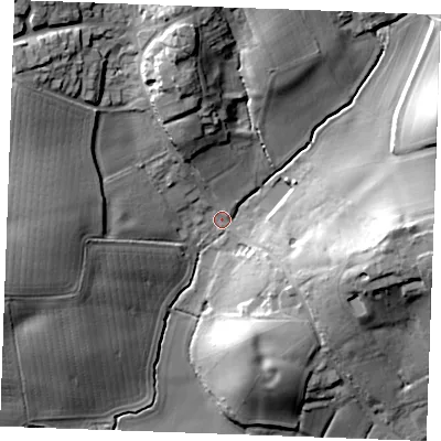 Shaded relief map of the ground around CM74BX, computed from Environment Agency LiDAR. The ground here sits at about 57 m above sea level and falls 29 m across the surrounding 800 m. Surface water reaching this point runs off ground lying to the east-north-east, 21.1 m higher.