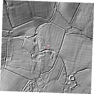 Shaded relief map of the ground around CM74HF, computed from Environment Agency LiDAR. The ground here sits at about 94 m above sea level and falls 13 m across the surrounding 800 m. Surface water reaching this point runs off ground lying to the west-south-west, 2.4 m higher.