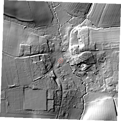 Shaded relief map of the ground around CM74JS, computed from Environment Agency LiDAR. The ground here sits at about 63 m above sea level and falls 19 m across the surrounding 800 m. Surface water reaching this point runs off ground lying to the west-south-west, 14.8 m higher.