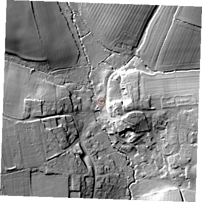 Shaded relief map of the ground around CM74JT, computed from Environment Agency LiDAR. The ground here sits at about 64 m above sea level and falls 19 m across the surrounding 800 m. Surface water reaching this point runs off ground lying to the east, 12.6 m higher.