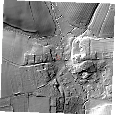 Shaded relief map of the ground around CM74JX, computed from Environment Agency LiDAR. The ground here sits at about 64 m above sea level and falls 19 m across the surrounding 800 m. Surface water reaching this point runs off ground lying to the west, 10.7 m higher.