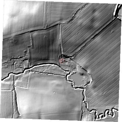 Shaded relief map of the ground around CM74LJ, computed from Environment Agency LiDAR. The ground here sits at about 57 m above sea level and falls 26 m across the surrounding 800 m. Surface water reaching this point runs off ground lying to the north, 20.3 m higher.