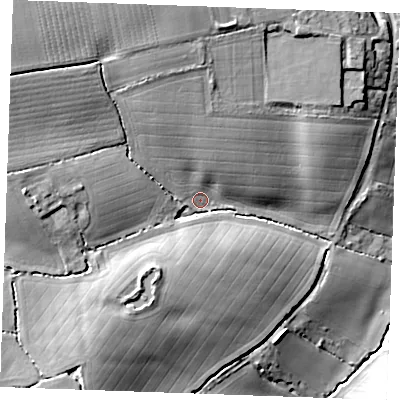 Shaded relief map of the ground around CM74LL, computed from Environment Agency LiDAR. The ground here sits at about 69 m above sea level and falls 26 m across the surrounding 800 m. Surface water reaching this point runs off ground lying to the north-west, 15.9 m higher.
