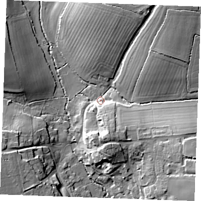 Shaded relief map of the ground around CM74NB, computed from Environment Agency LiDAR. The ground here sits at about 66 m above sea level and falls 22 m across the surrounding 800 m. Surface water reaching this point runs off ground lying to the south-south-east, 11.3 m higher.