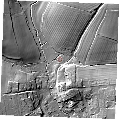 Shaded relief map of the ground around CM74ND, computed from Environment Agency LiDAR. The ground here sits at about 64 m above sea level and falls 22 m across the surrounding 800 m. Surface water reaching this point runs off ground lying to the south-south-east, 11.9 m higher.