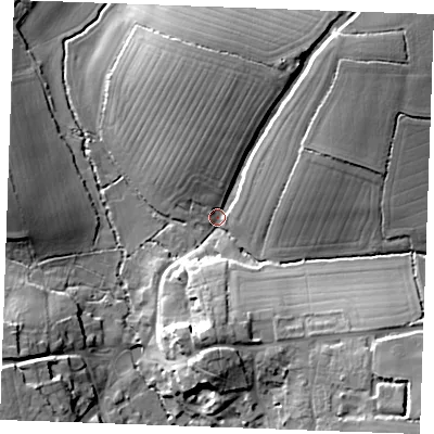 Shaded relief map of the ground around CM74NE, computed from Environment Agency LiDAR. The ground here sits at about 65 m above sea level and falls 23 m across the surrounding 800 m. Surface water reaching this point runs off ground lying to the north-east, 20.7 m higher.