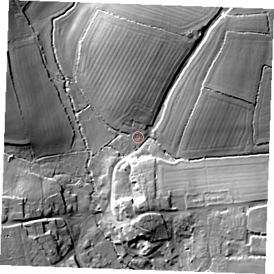 Shaded relief map of the ground around CM74NG, computed from Environment Agency LiDAR. The ground here sits at about 65 m above sea level and falls 23 m across the surrounding 800 m. Surface water reaching this point runs off ground lying to the north-east, 20.4 m higher.